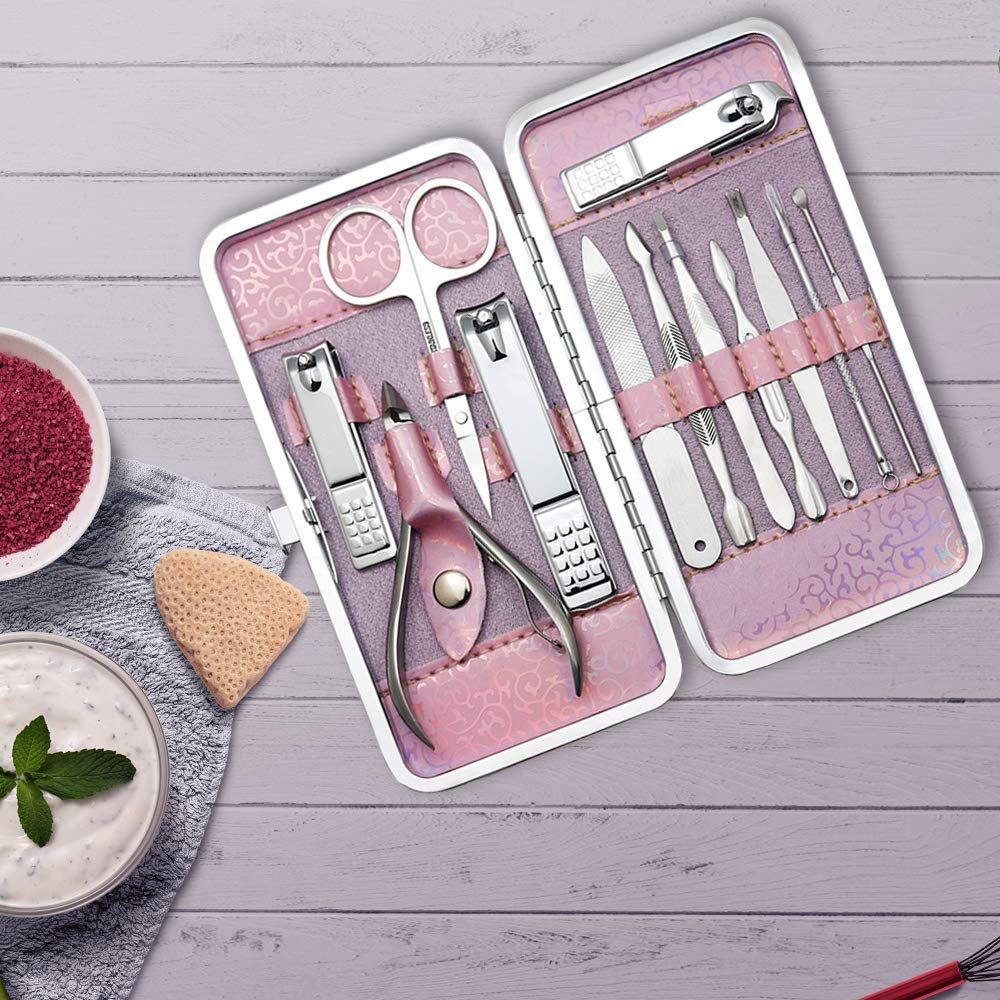 GLAMNE Glamne Manicure Pedicure Set Tools Professional Stainless Steel Nail Care Kits with Holographic Travel Case(Pink)