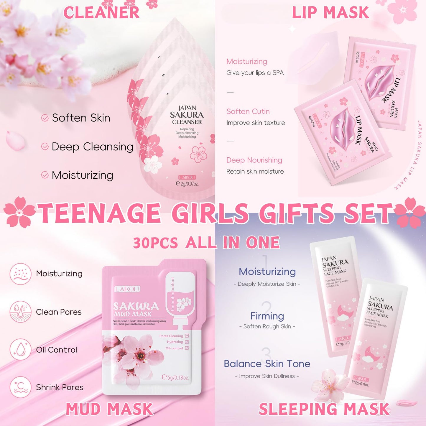 30Pcs Sakura Skincare Set, Skin Care for Teenage Girls Gift Set, Girls Pamper Set with Cleanser,Toner,Serum,Eye Cream,Face Cream,Lip Mask,Sleeping Mask,Mud Mask,Tone Up Cream,Sunscreen