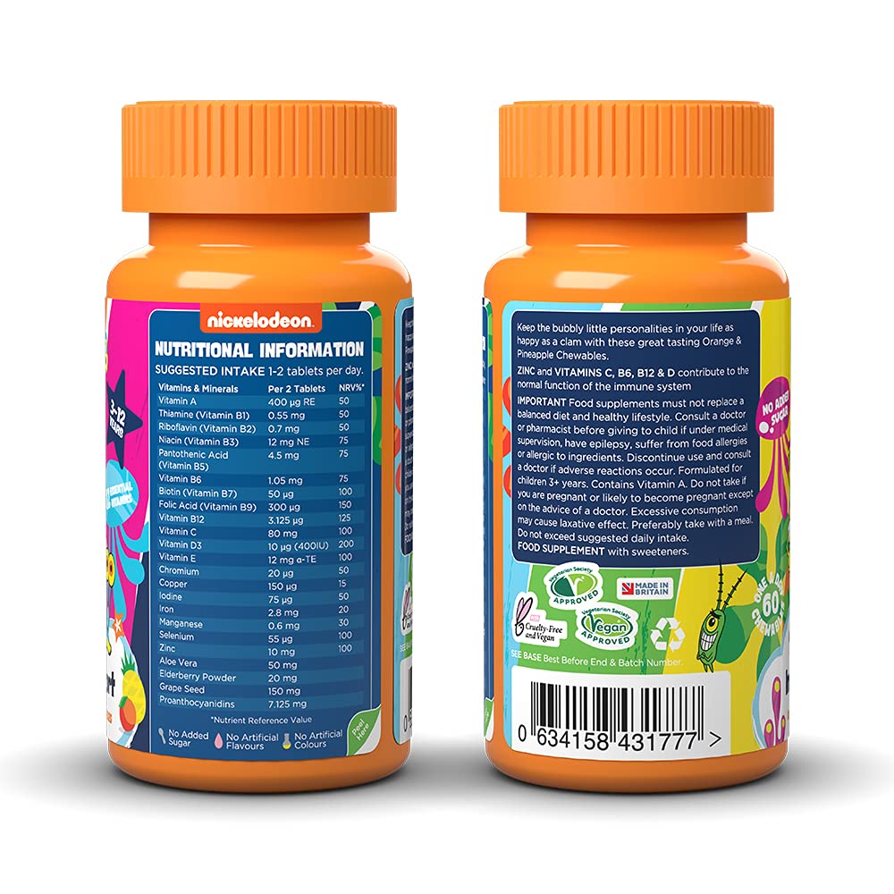 SpongeBob SquarePants Immune Support, 60 Orange & Pineapple Chewables with 12 Essential Vitamins, Vegan, No Added Sugar, for 3-12 Year Olds Duo Pack