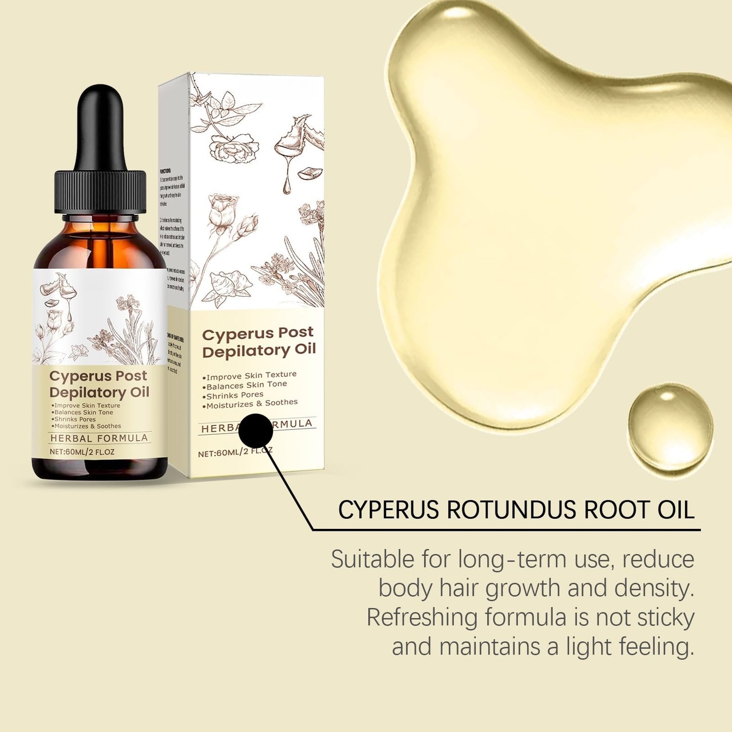 Cyperus Rotundus Oil, Premium Cyperus Oil for Hair Removal, Natural Hair Removal & Anti-Hair Growth Treatment, 100% Pure Formula for Smooth Skin, Soothes & Nourishes Sensitive Skin, 60ml Bottle