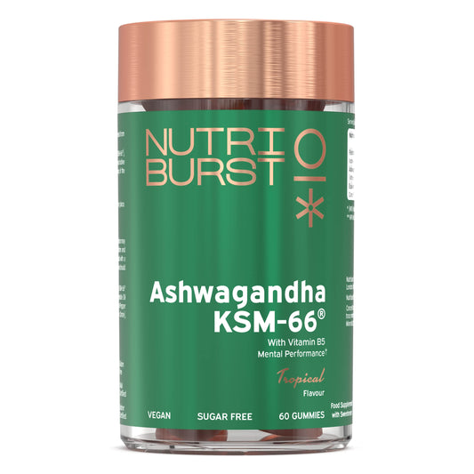 Nutriburst 300mg Ashwagandha + Vitamin B5 & Iodine - Herbal Adaptogen Reduce Tiredness & Fatigue, Supports Mental Performance - Vegan, Sugar Free Supplement - 60 Gummies - 1 Month Supply