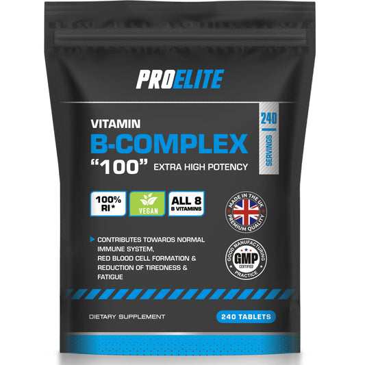 Vitamin B Complex - 240 High Strength Tablets - All 8 B Vitamins B1 - B2 - B3 - B5 - B6 - B12, Biotin, Folic Acid - Reduction of Tiredness & Fatigue PROELITE