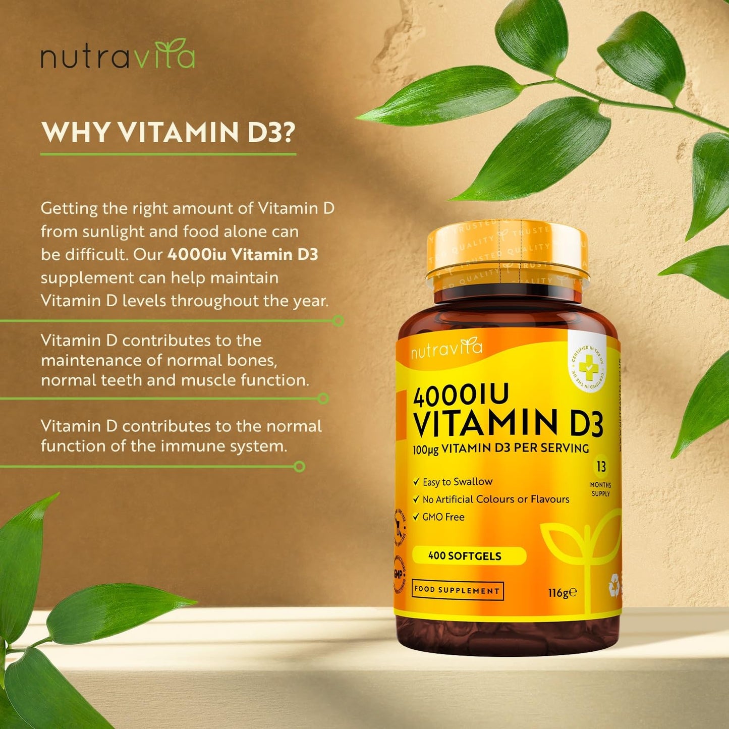Vitamin D3 4000 iu - 400 High Strength Easy to Swallow Premium Softgels - Over A Year's Supply - Max Strength Vitamin D3 Cholecalciferol Supplement - Manufactured in The UK by Nutravita