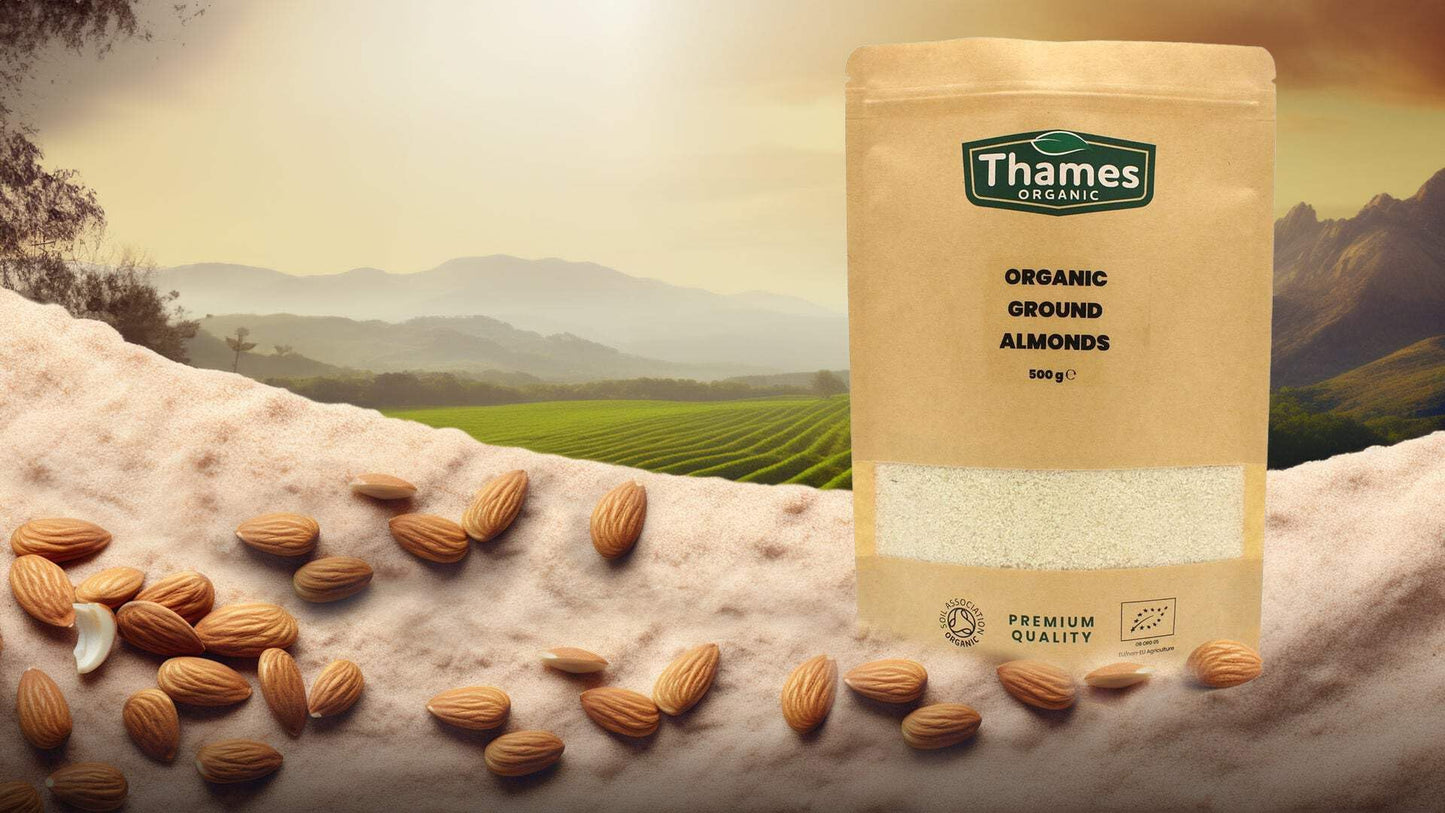 Organic Ground Almond- Raw, Unsalted, Non-GMO, No Additives, No Preservatives, Vegan - High in Protein, Healthy Fats, and Antioxidants - Perfect for Snacking, Baking, and Cooking - Thames Organic 250g