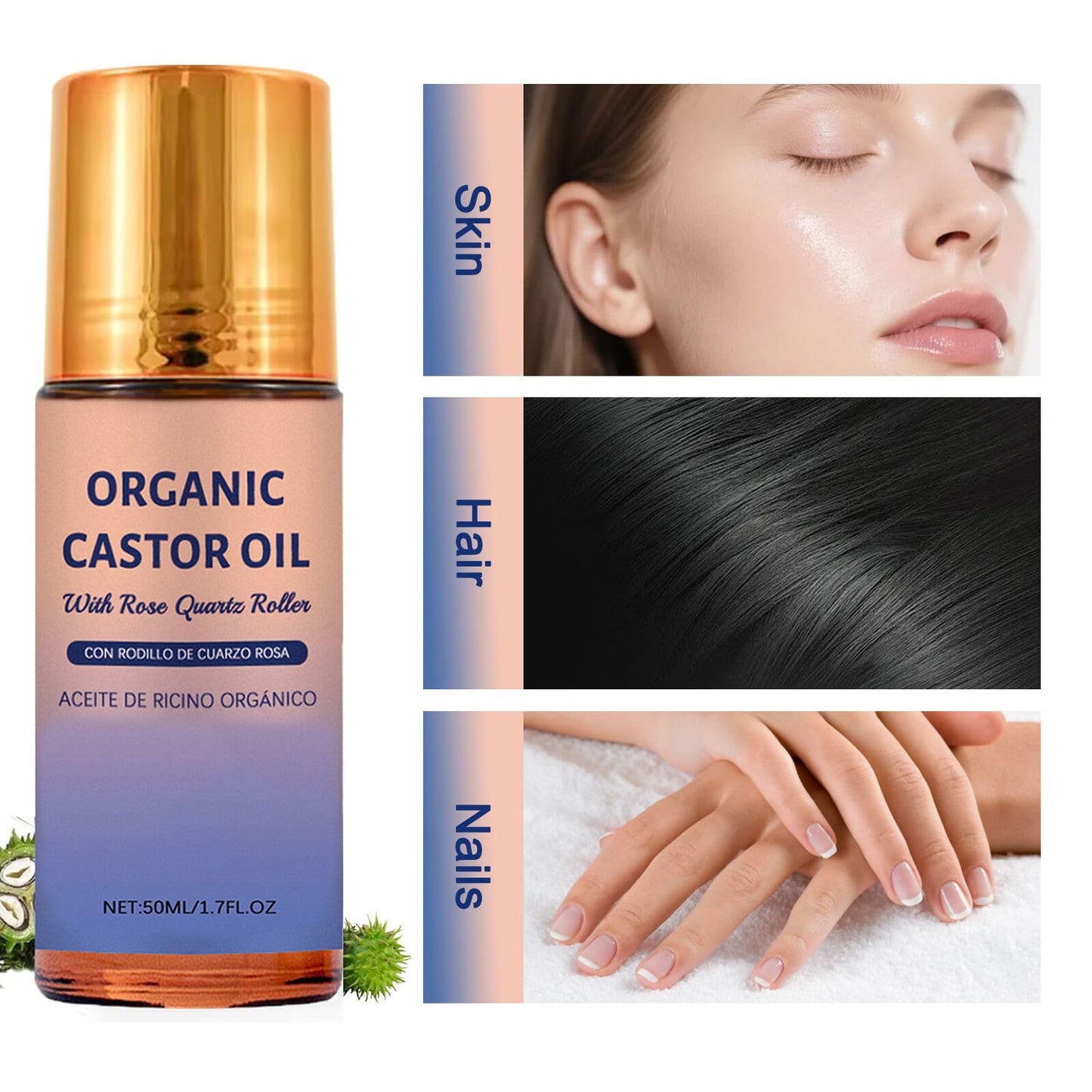 Generic Organic Castor Oil with Rose Quartz Roller, 50ml Organic Castor Oil Roll On, Natural Ingredients, Gently Nourishes Skin, Deep Hydration & Smoothing, for Belly, Face, Body, 1.7 fl oz