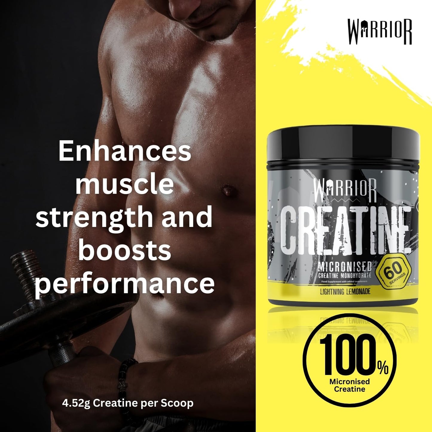 Warrior Creatine Monohydrate Powder 300g – Micronised – Proven to Improve Physical Performance and Recovery, 5g Servings (Lightning Lemonade)