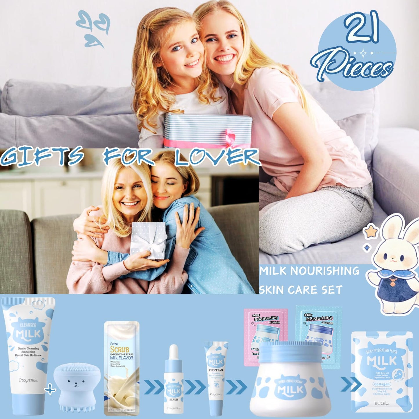 Cureluxe 21pcs Milk Skin Care Sets & Kits - Milk Beauty Gifts for Teenage Girls - Nourish Skin Pamper Gifts for Women Kit with Cleanser,Eyecream,Cream,Serum,Scrub,Mask,Brush,Headband,Lovely Greet Card