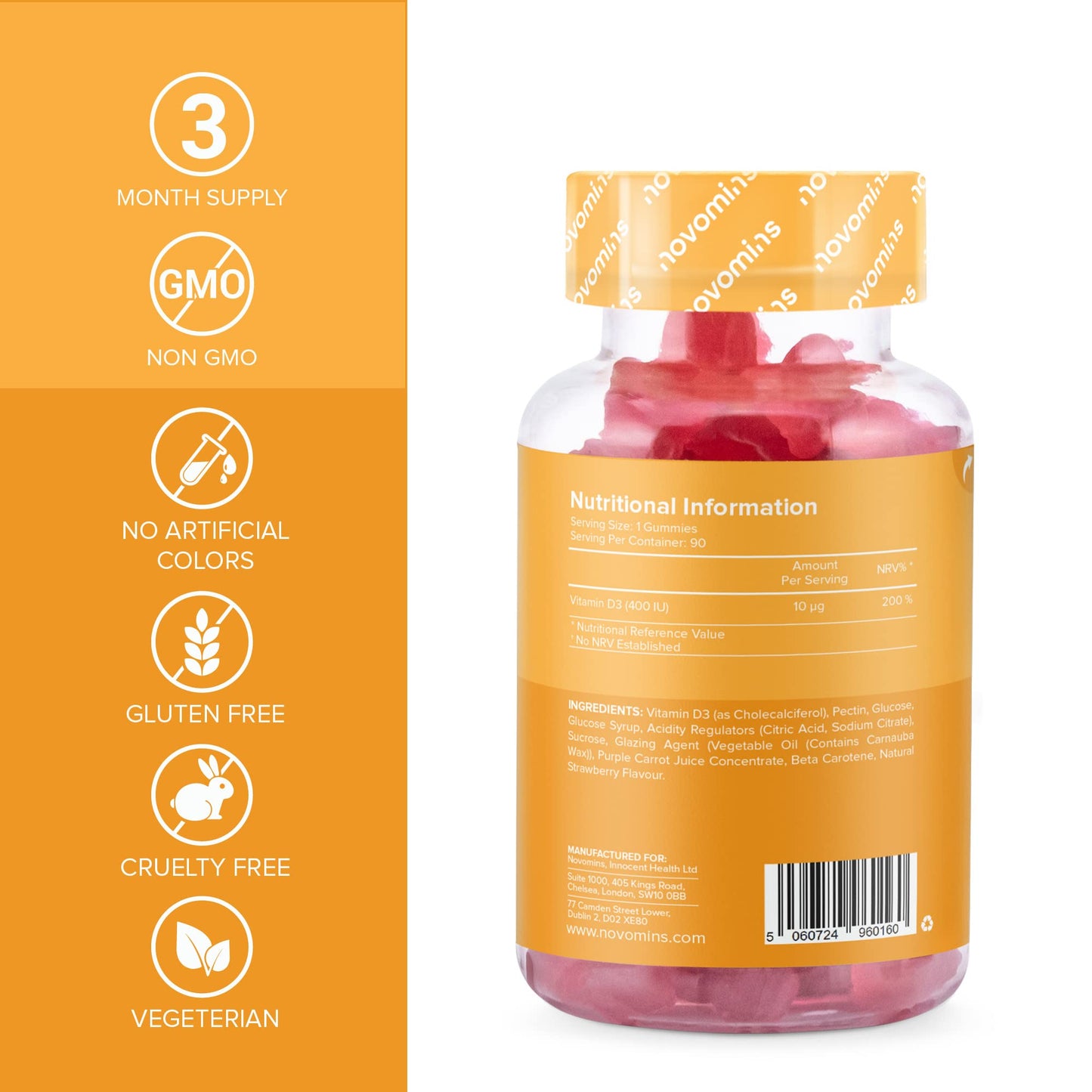 Kids Vitamin D - 3 Month Supply - Kids Vitamins – Vitamin D Gummies – 90 Chewable Kids Vitamin D - Vegetarian - Gluten Free – Childrens Vitamin D – Kids Vitamin D by Novomins