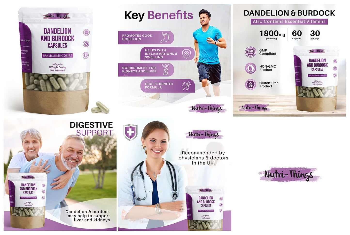 Nutri-things Dandelion & Burdock Root Capsules - 1800mg High Strength Dandelion Root Extract for Water Retention & Digestive Support | Vegan-Friendly Supplement | 60 Capsules with Dandelion Root Powder