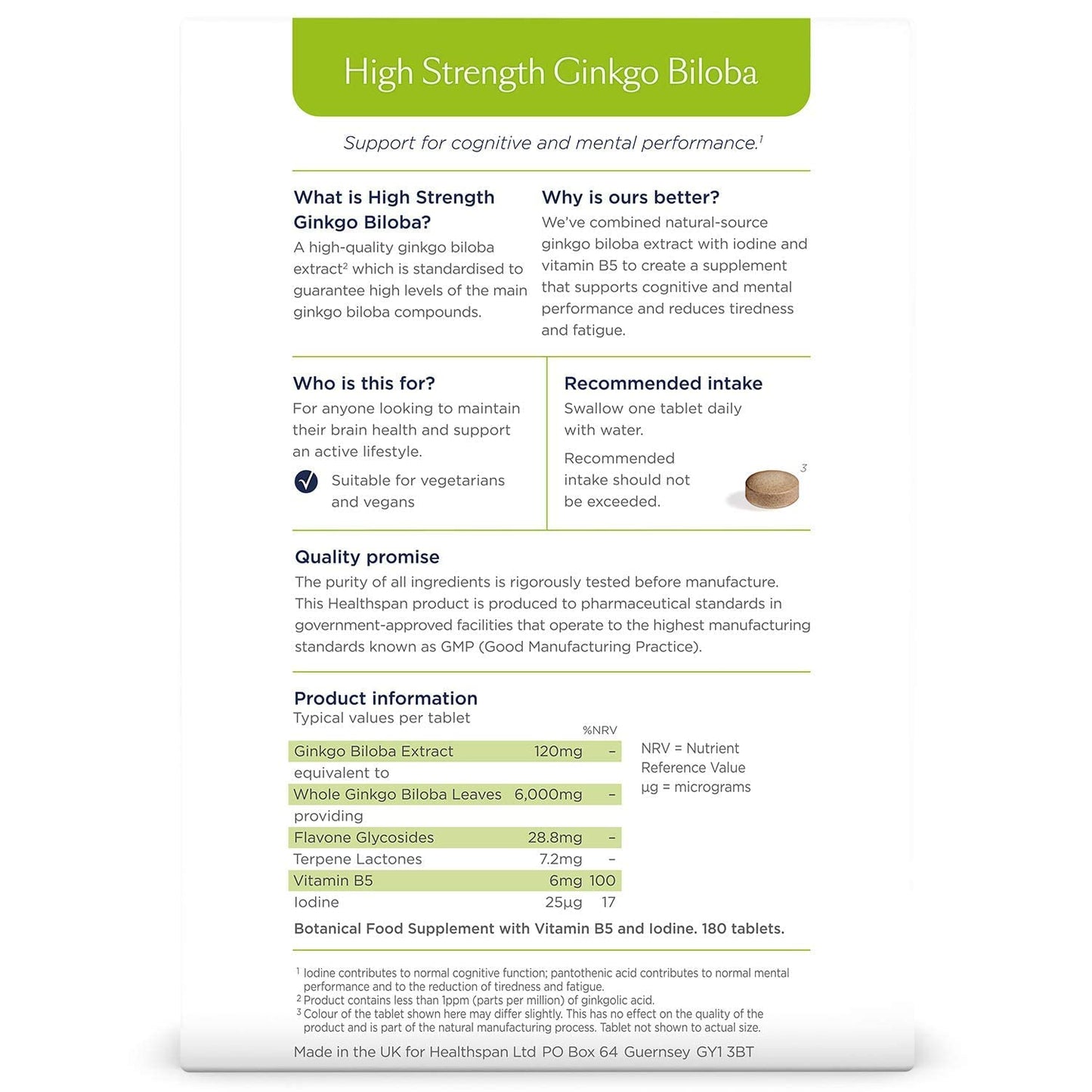 healthspan Healthspan Ginkgo Biloba 6,000mg | High Strength | 180 Tablets | Iodine | Vitamin B5 | Flavone Glycosides | Vegan