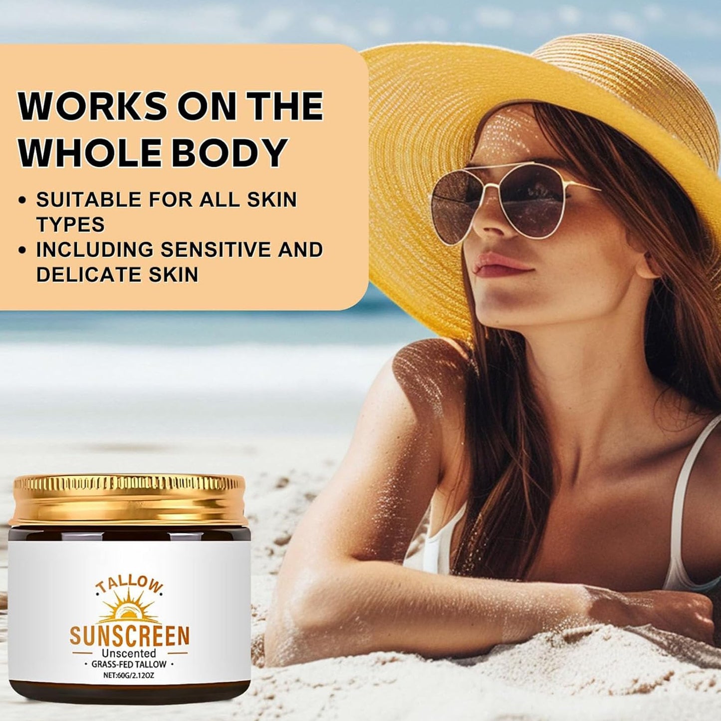 Tongyend Beef Tallow Sunscreen SPF 50+, Face Sun Cream 100% Grass Fed Tallow, Beef Tallow Natural Sunscreen for Face & Body, Beef Tallow for Skin - Sweat & Water Resistant, for Dry Sensitive Skin