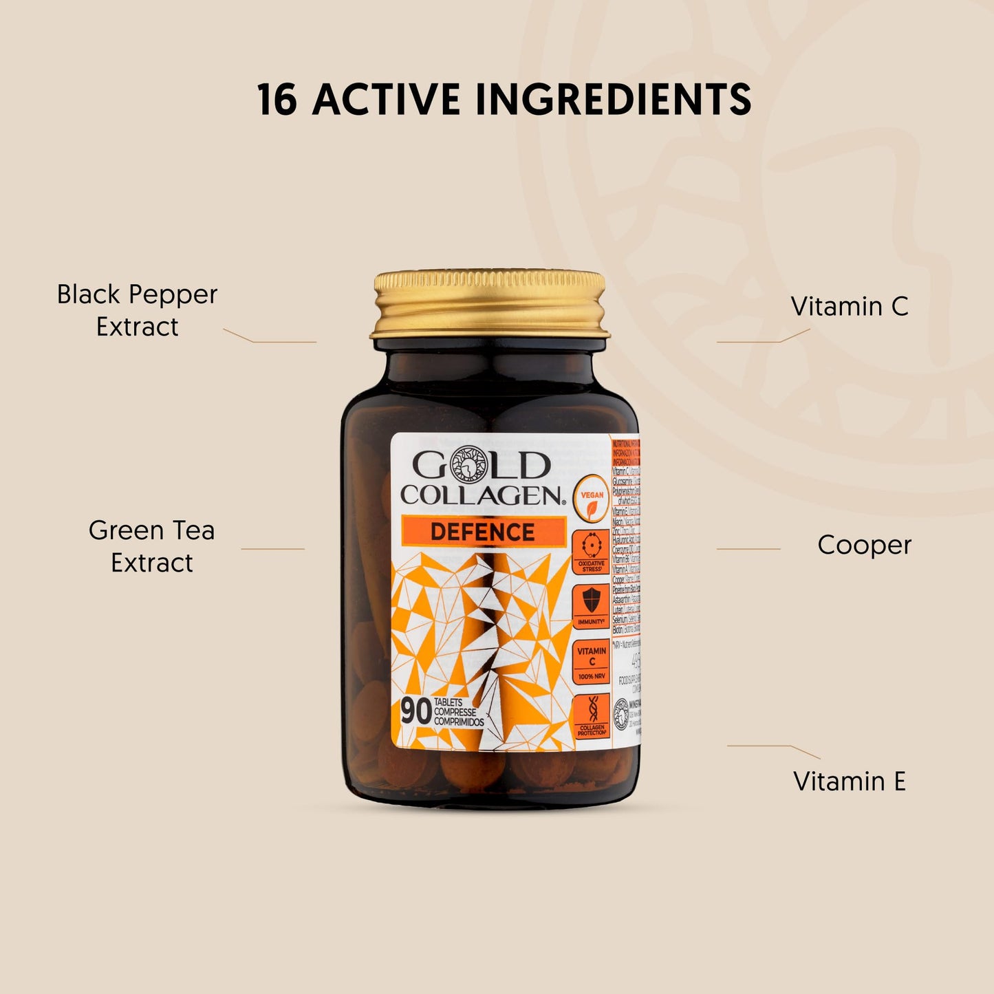 GOLD COLLAGEN Defence - Antioxidant Collagen Supplements for Women & Men, 90 Tablets for Immune Support & Collagen Maintenance with Vitamin C, Biotin, Hyaluronic Acid for Skin, Nail & Hair Care