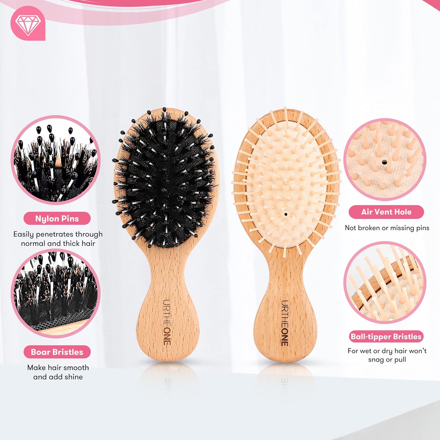 URTHEONE 2Pcs Travel/Mini Hair Brush Boar Bristle Hairbrush for Girls Boys Kids Women Men,Detangling Brush for Thick Curly Thin Long Short Dry Hair