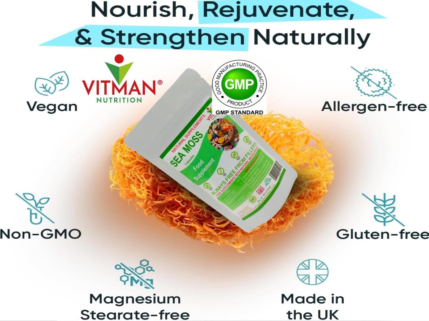 VitMan Nutrition Sea Moss Capsules, 60x Natural Irish Sea Moss Food Supplement, Gluten Free, Sugar Free, GMO Free, Vegan