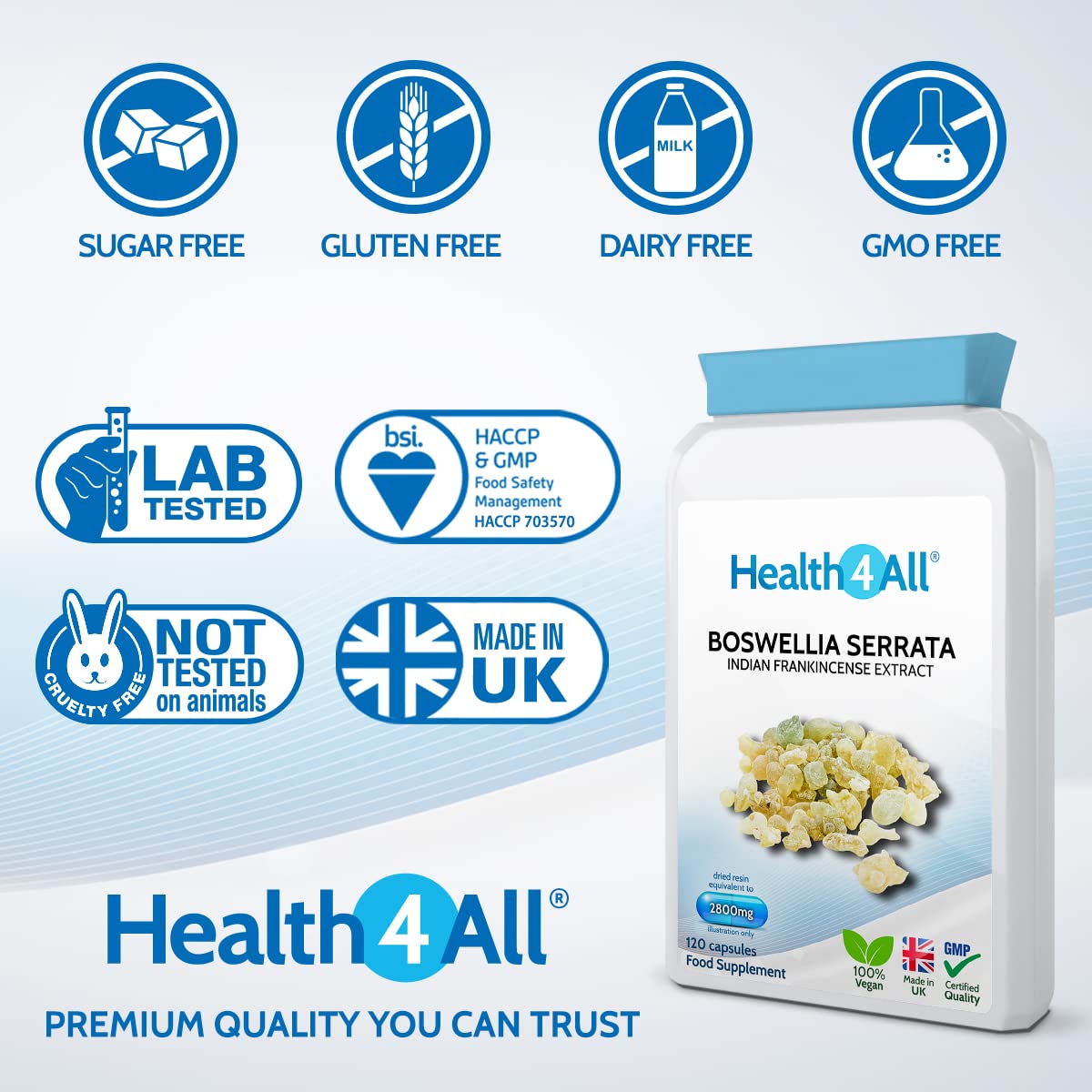 Boswellia Serrata 2800mg 120 Capsules (V) (not Tablets) Strong Anti-inflammatory OA & Joint Support. Vegan. Made in The UK by Health4All