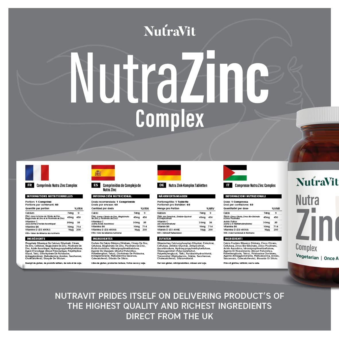 NUTRA ZINC Complex - 45mg Elemental Zinc| 60 Tablets| Contains Vitamin B6, C & D| Maintenance of Normal Immune System, Bones, Hair, Skin & Nails – Made in The UK by NutraVit