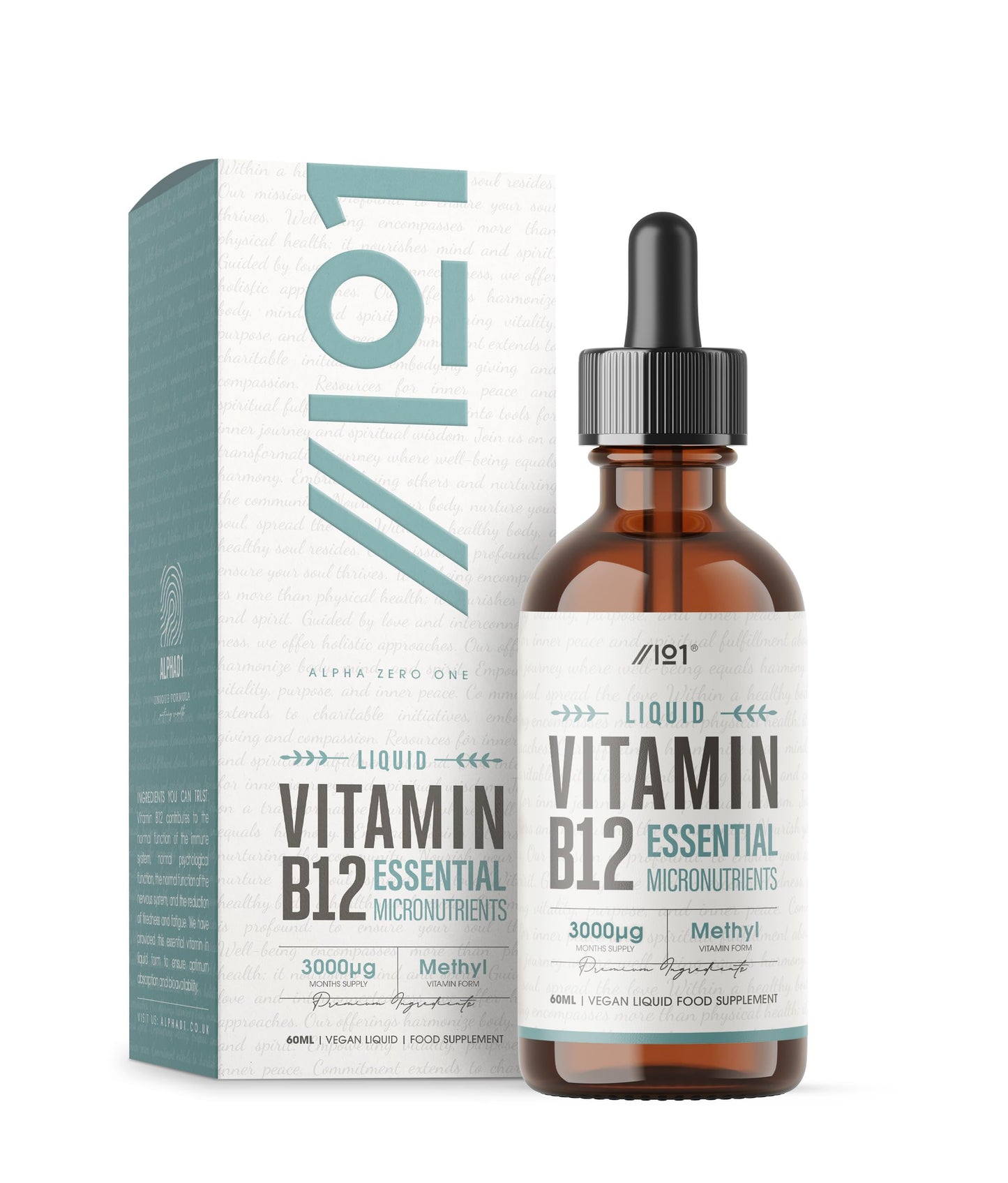 ALPHA01 Vitamin B12 Liquid Drops 3000mcg - 60ml (2 Months Supply) - High Strength Methylcobalamin Supplement - Vegan & Vegetarian Friendly - by Alpha01