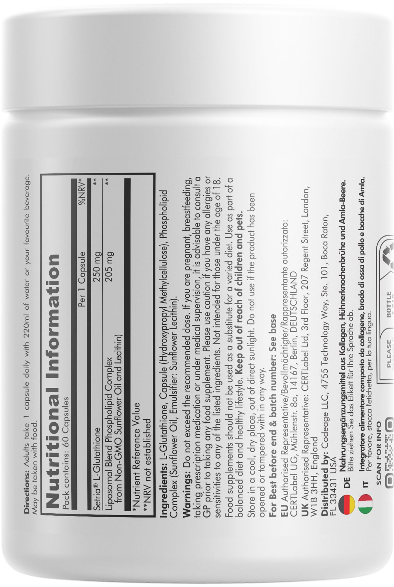 Codeage Liposomal Glutathione Supplement - Pure Reduced Setria L Glutathione Skin - Nano Encapsulated Glutathione Powder Pills - Phospholipids - Antioxidant Complex - Vegan, Non-GMO - 60 Capsules
