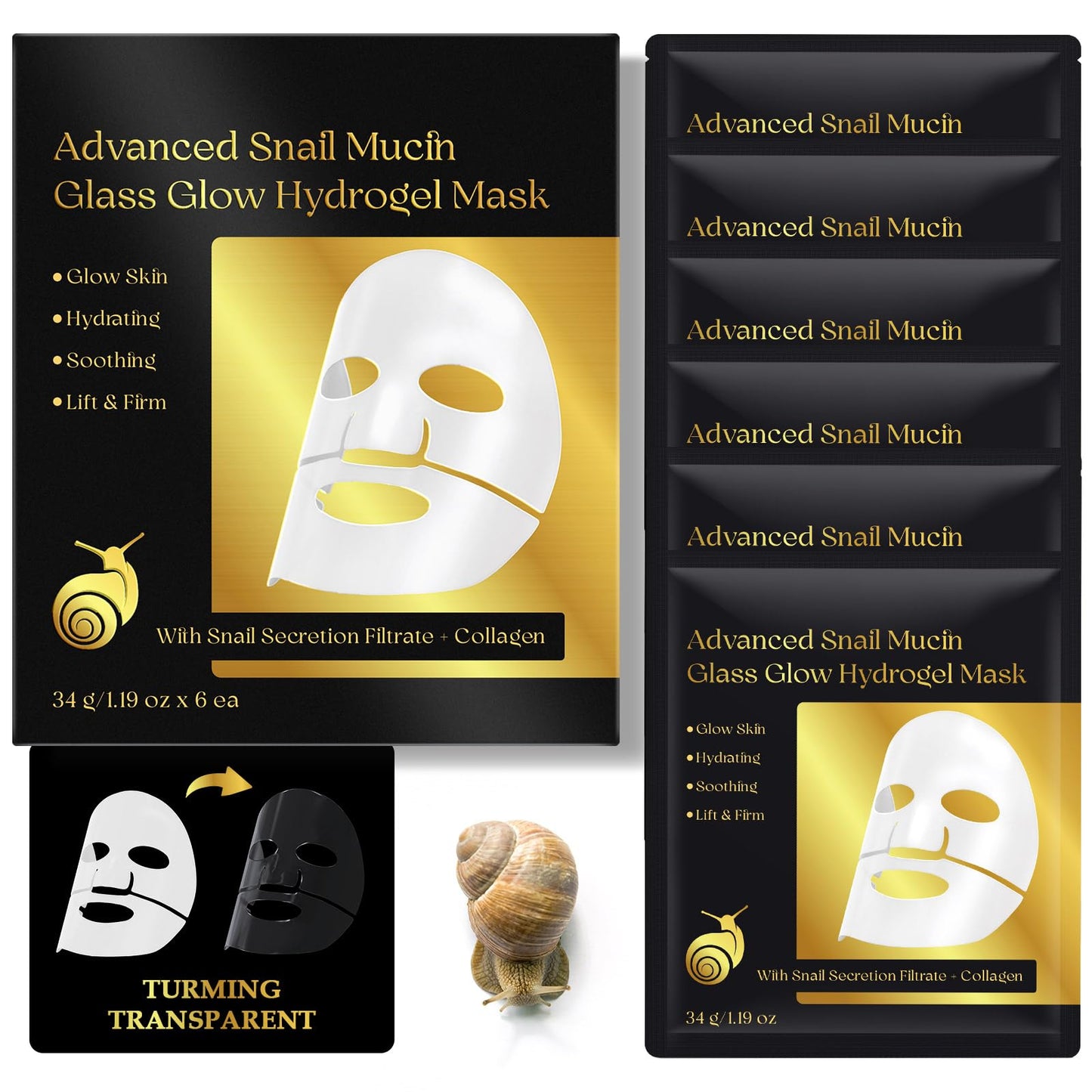 VCTSOF Snail Mucin Glass Glow Hydrogel Face Masks Skincare, 6Pcs Collagen Night Wrapping Mask, Sheet Mask, Snail Mucin Serum Collagen Face Mask