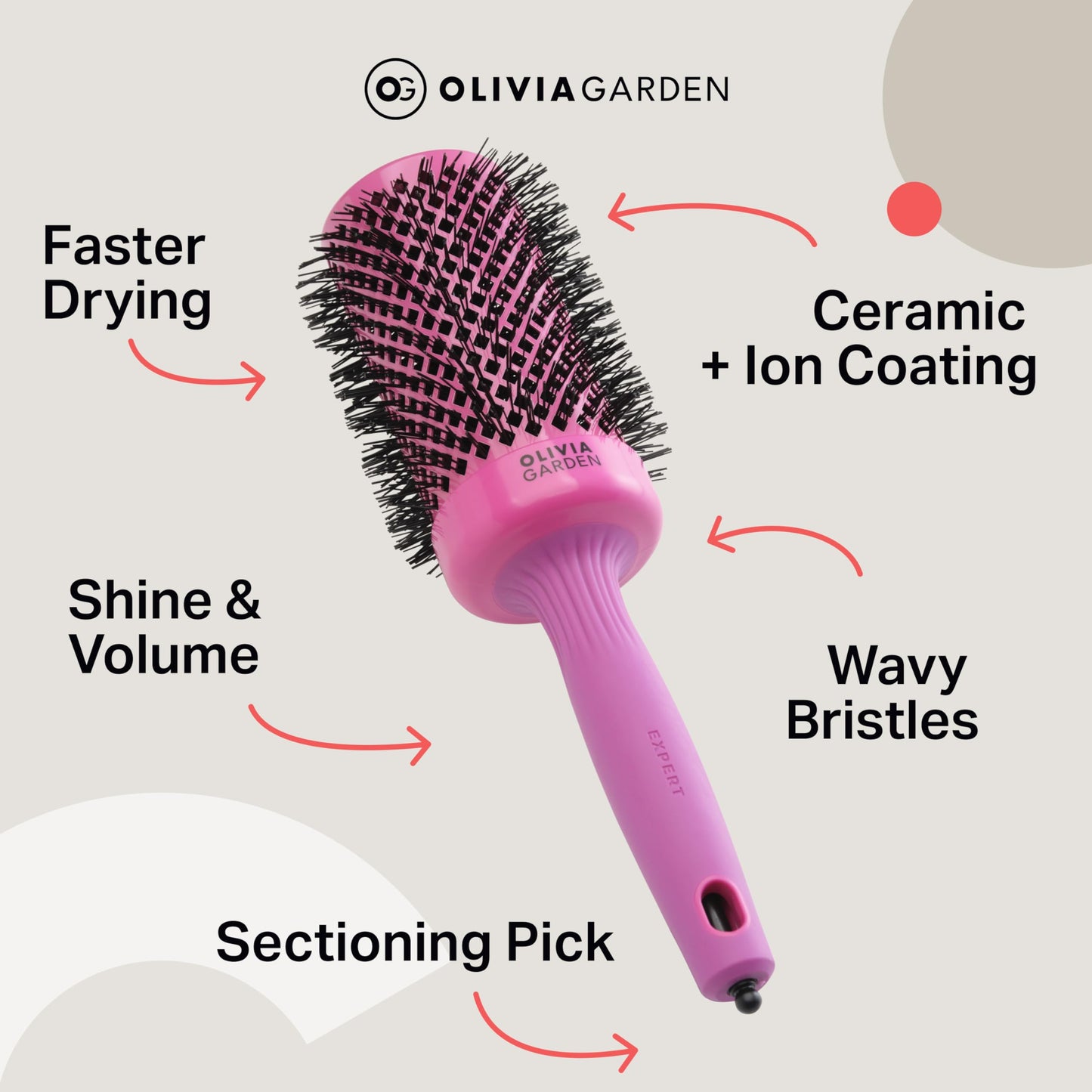 Olivia Garden Expert Blowout Shine – Pink - 55 - Ceramic Coated Round Brush for Smooth Blowout, Frizz-Free Hair & Radiant Shine