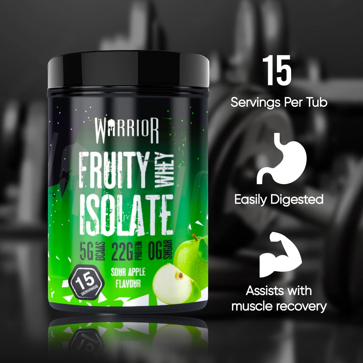 Warrior Fruity Clear Whey Isolate – Rapid Digesting Protein Powder – Refreshingly Fruit Flavoured Shakes – Easy to Drink & Consume Post Workout, Low Sugar, 15 Servings (Sour Apple, 375g)