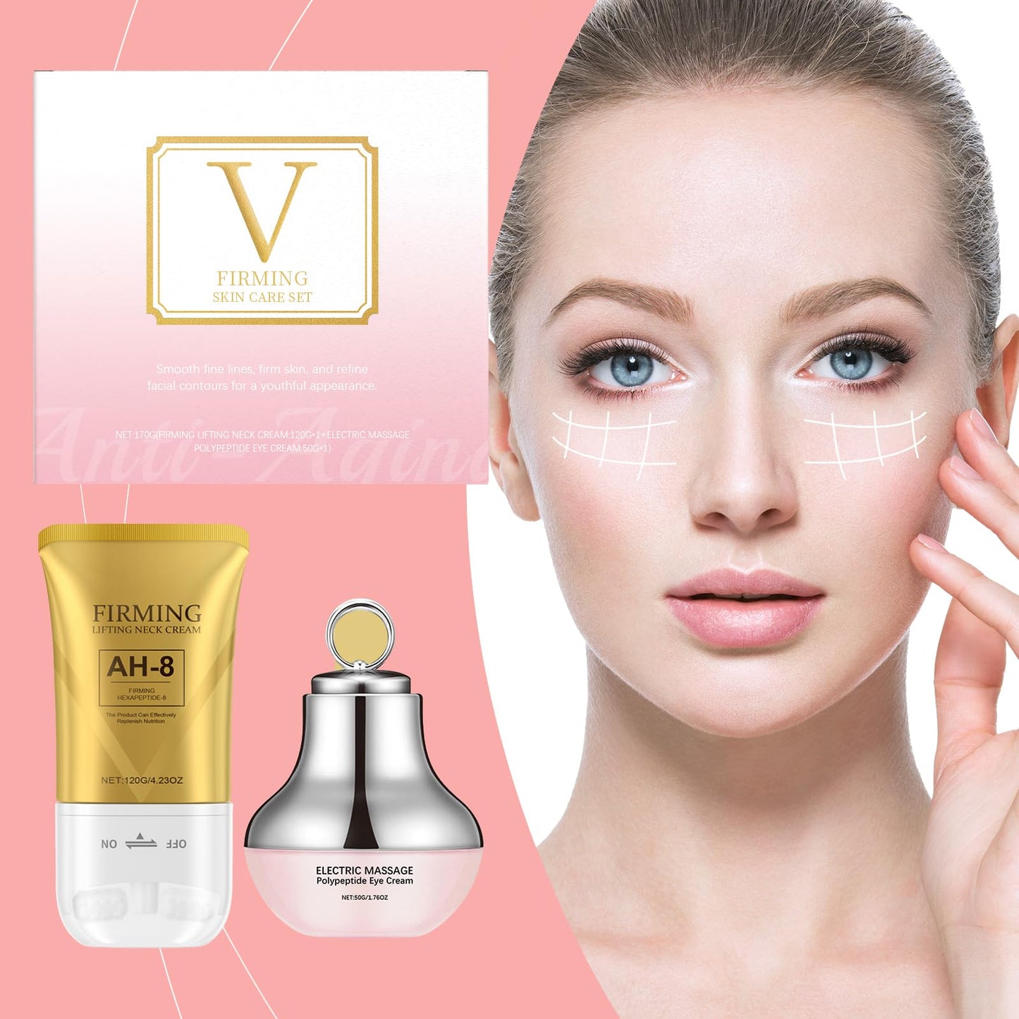 Orknglowy 2PCS AH-8 Firming Neck Cream & Electric Massage Eye Cream - Neck and Eye Cream Bundle Tightening & Revitalizing Set for Firm and Smooth of Fine Lines, Anti-Wrinkle, Moisturizing, Day & Night Use