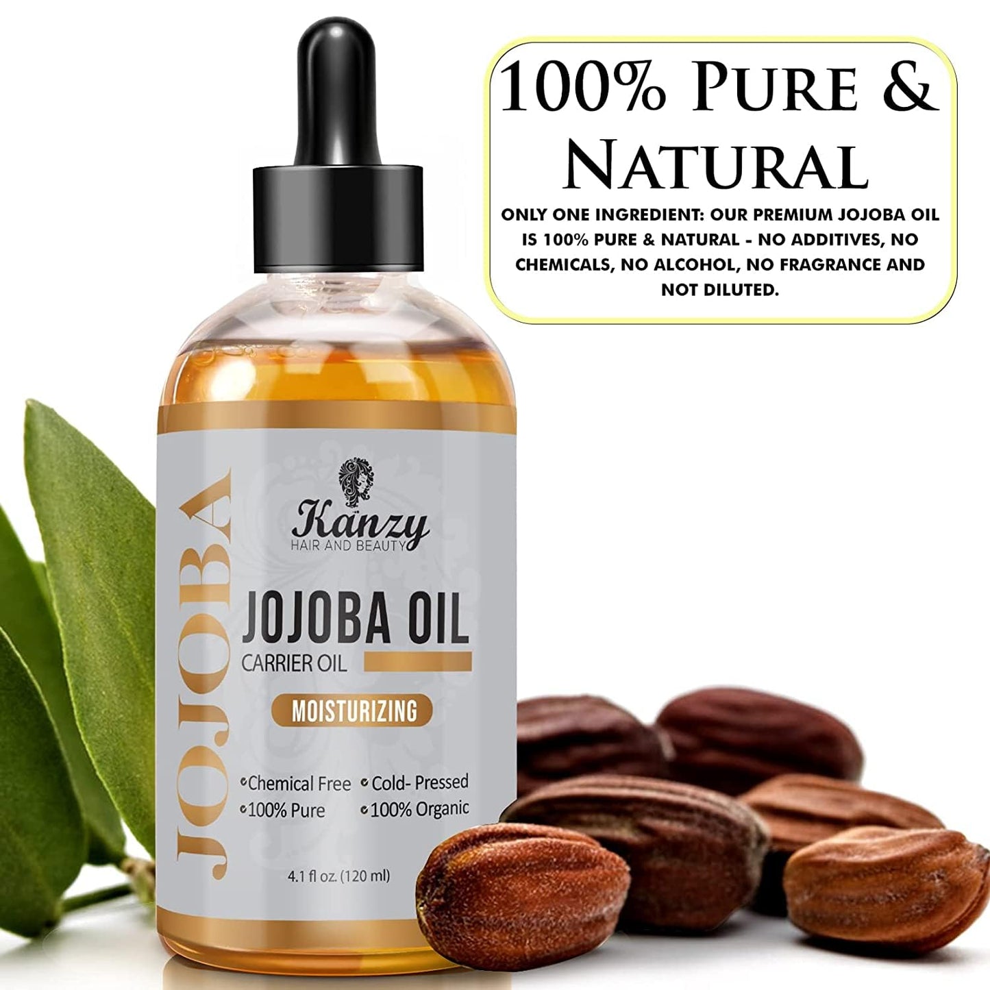 KANZY HAIR AND BEAUTY Kanzy Jojoba Oil Organic Cold Pressed 100% Pure 120ml Unrefined Hexane Free Carrier Oil for Hair Nails Body Skin & Face Body Oil