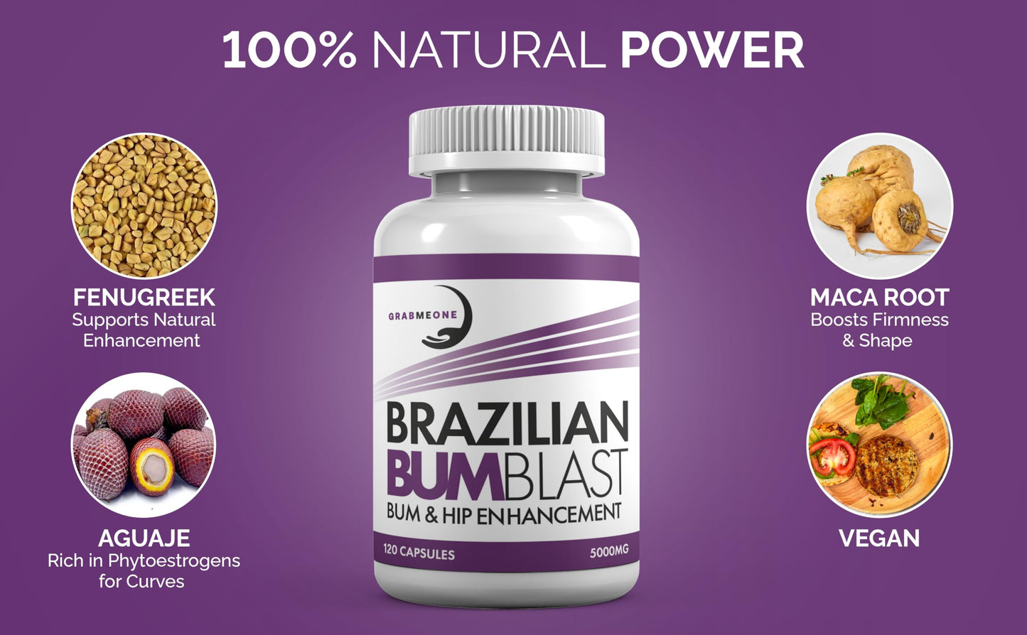 GRABMEONE Bum and Hip Enlargement Supplement - Natural Enhancer Supports Bigger, Toned, and Firm Bum - Bum & Hip Enhancement (120 Capsules)