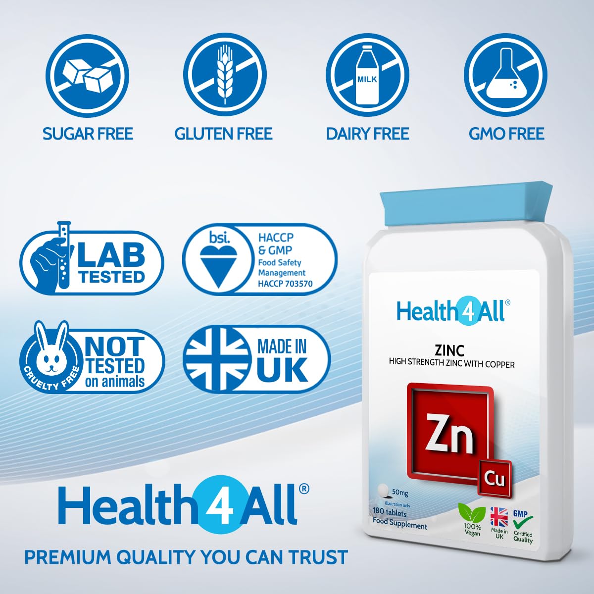 Health4All Zinc 50mg per Tablet, 180 Tablets 6 Months Supply, Zinc with Copper, High Strength Zinc Supplements for Immune Support, Skin, Hair & Nail- Immunity Supplements for Men & Women