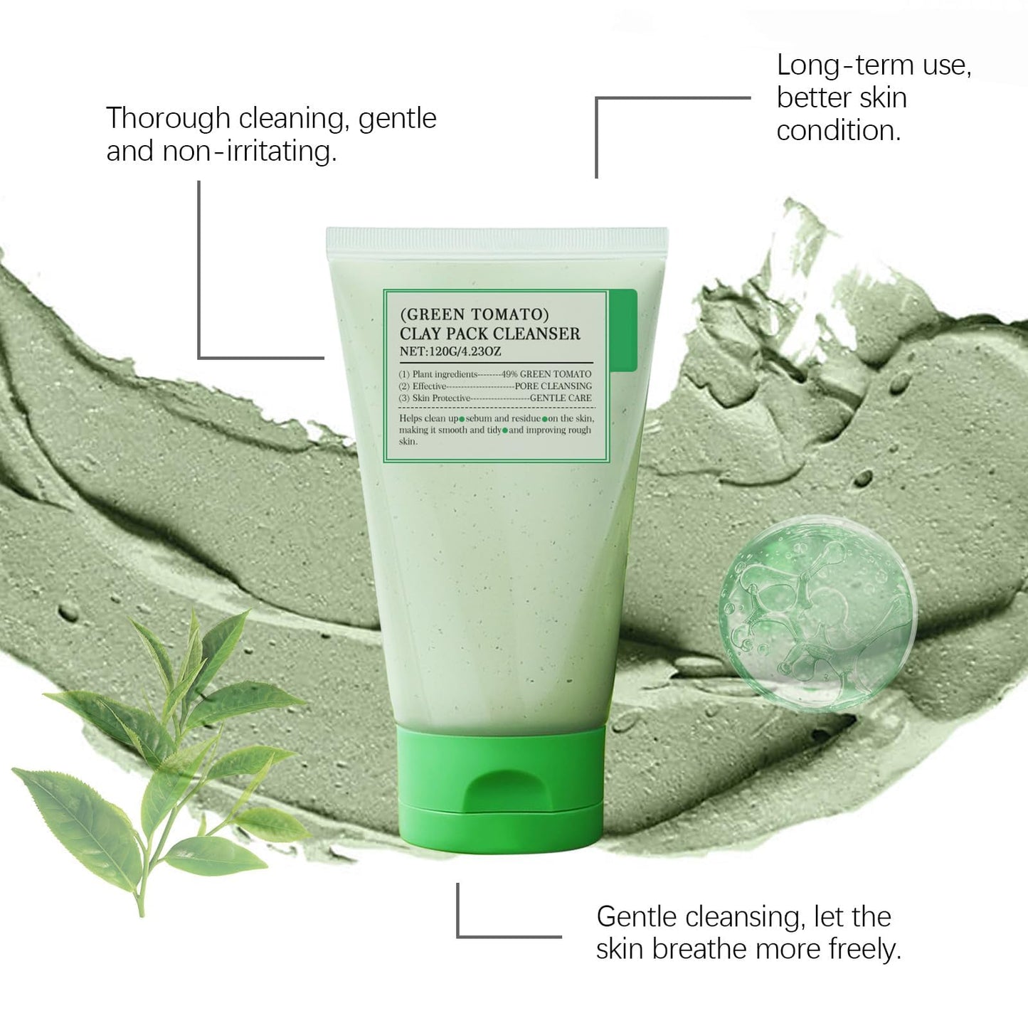 LaluluTek Pore-Clearing Green Tomato Clay Mask with Extract. Deep Cleanses, Dries Skin, & Unclogs Pores for Smooth, Clear Skin. 120ml