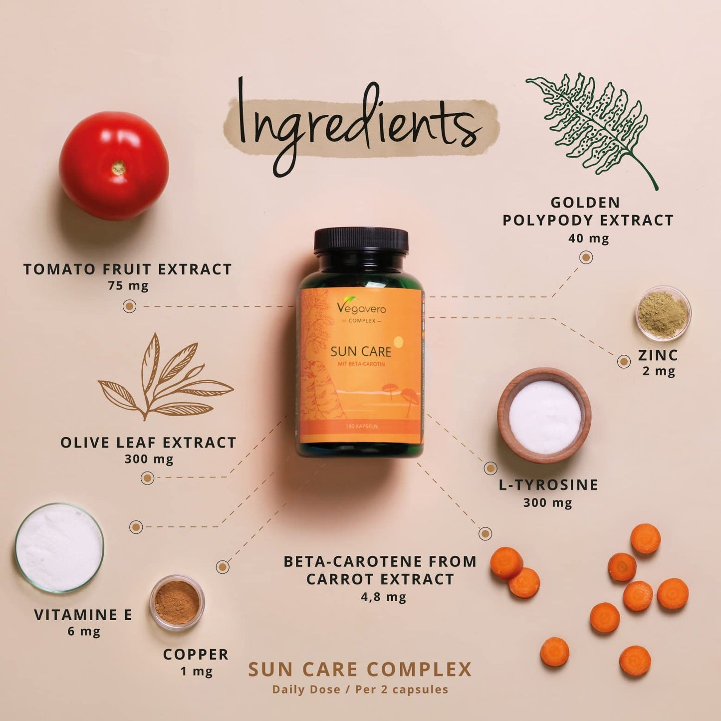 Tanning Capsules Vegavero® | Beta Carotene, Vitamin E, L-Tyrosine, Copper, Zinc & Olive Leaf Extract | Flavonoids | Lycopene | Skin Protection Support | NO Additives, Lab-Tested | Vegan