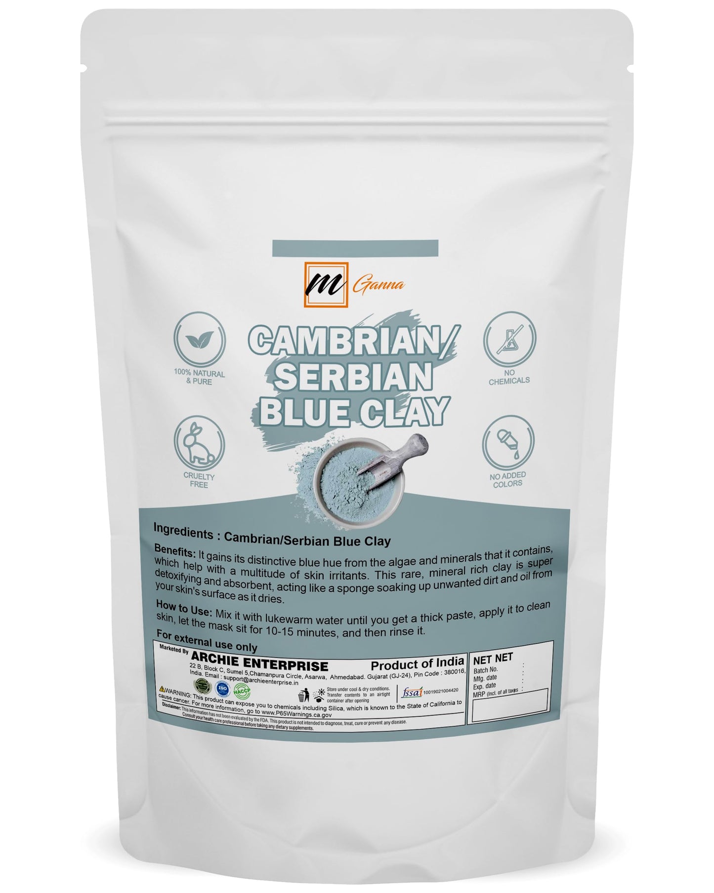 mGanna 100% Natural Cambrian/Serbian Blue Clay for Facial Masks, Creams, Body Wraps, Soft Peels and Scrubs, and Soap Making 1 LBS / 454 GMS