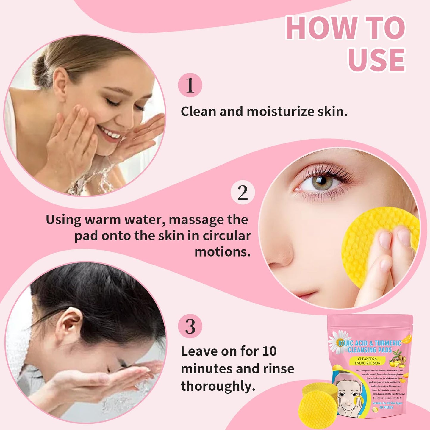 Xumann 3Pack/120PCS Turmeric Kojic Acid Pads, Exfoliating Turmeric Cleansing Pads, Balance Skin Oil and Water, Fades Discoloration