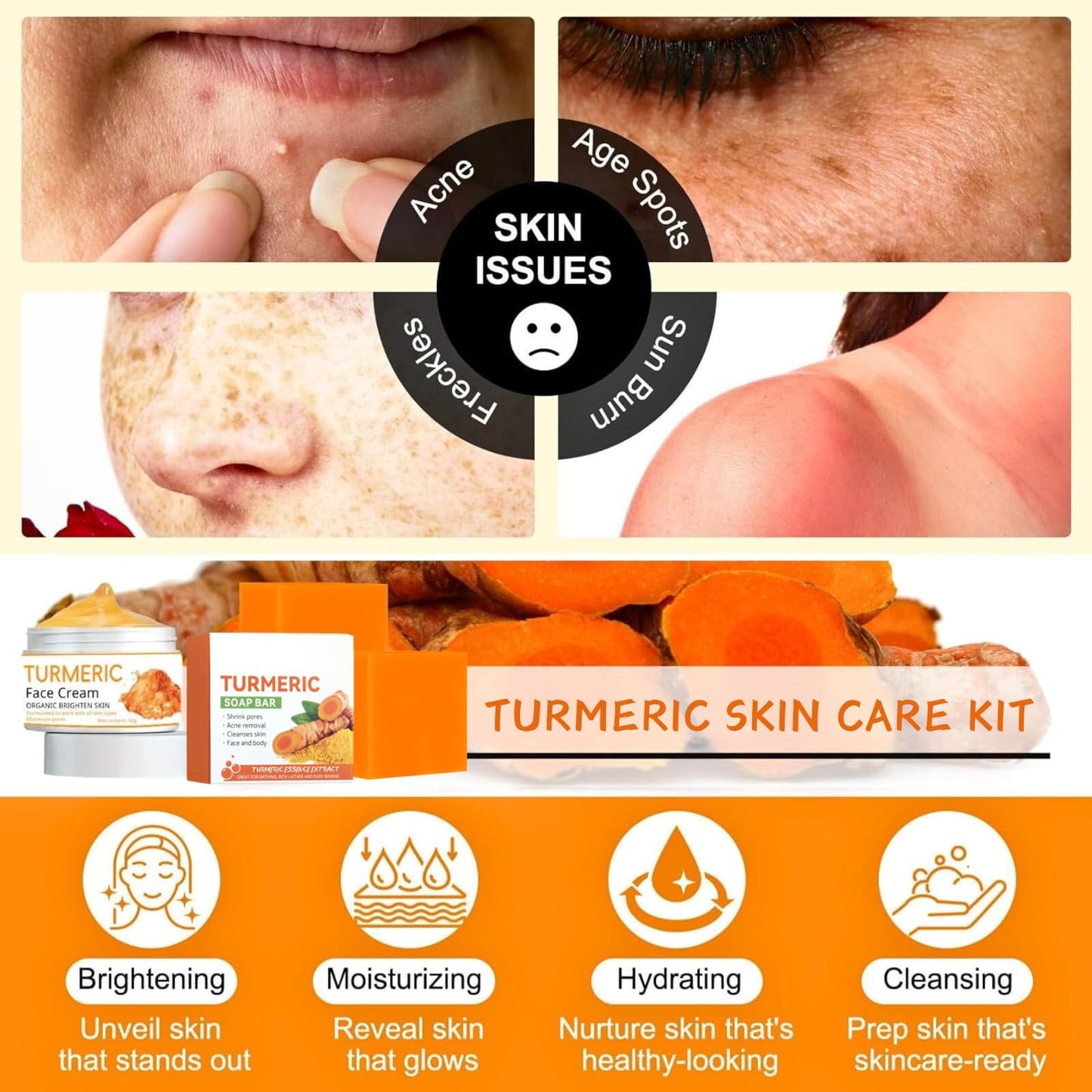 IZBEAUVO Turmeric Skincare Set,Face Skin Care Sets include Turmeric Soap Bar,Face cream,Eye cream,Neck cream,Anti-Aging Skin Care Set,Moisturizing,Acne Dark Spot Remover,Moisturizing Erase Fine Lines,Firming