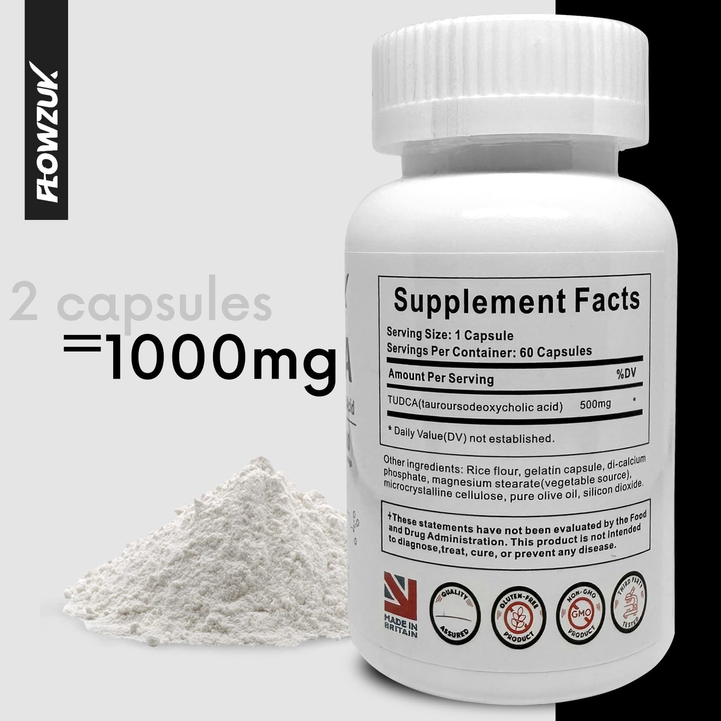 FLOWZUK TUDCA High Strength 60 Capsules - Tauroursodeoxycholic Acid, Liver Support Supplement, Enhances Proper Bile Production, Boosts Digestion and Immune System Support Flowzuk