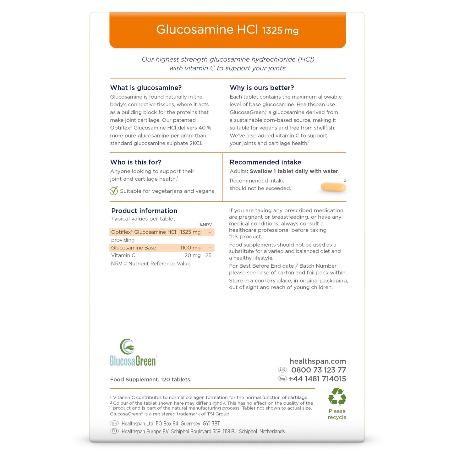 healthspan Healthspan Optiflex Glucosamine HCI 1,325mg with Vitamin C (8 Months' Supply) | Shellfish Free Vegan Tablets for Joint Health | 40% More glucosamine Than Glucosamine Sulphate | Added Vitamin C