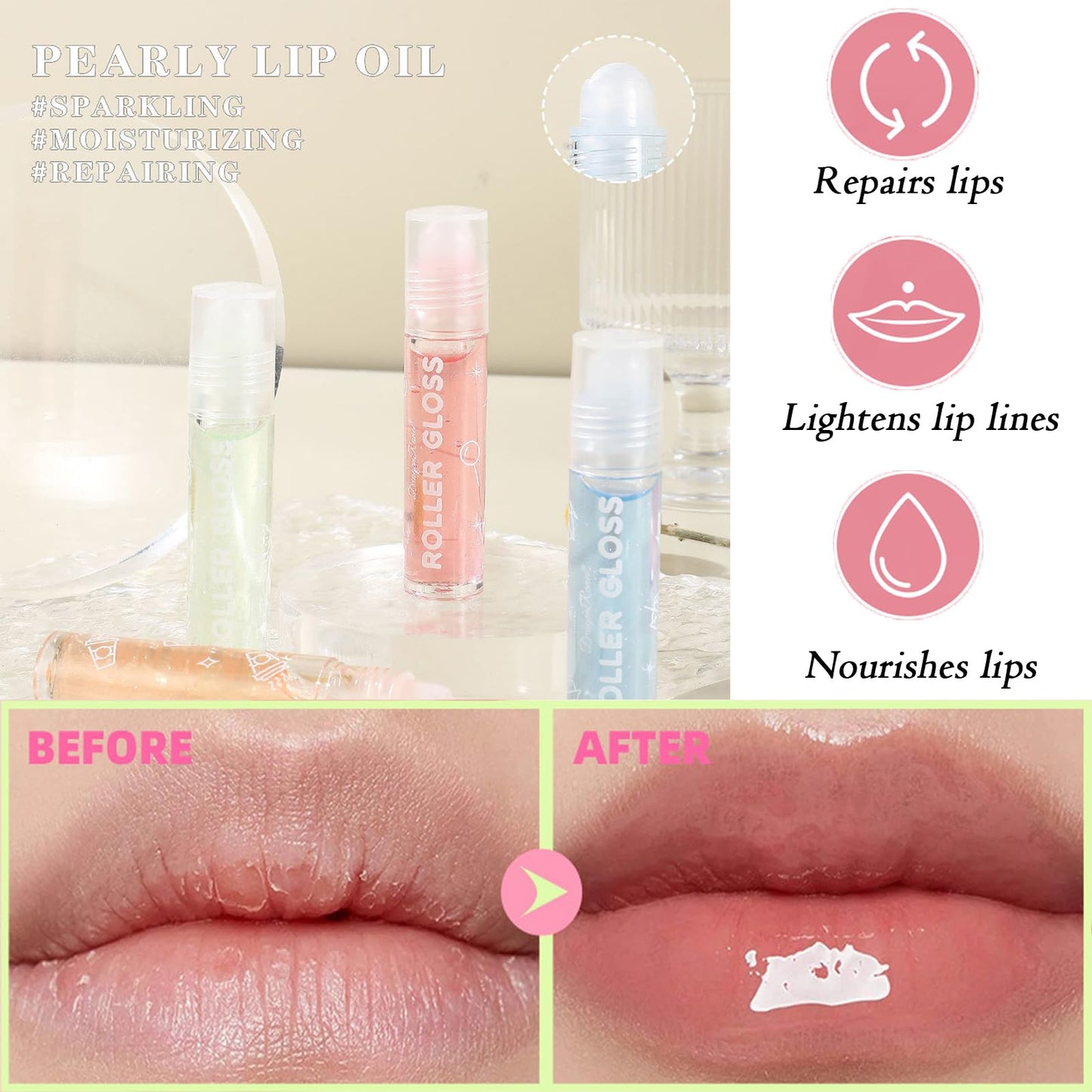 GEEWHILE Lip Gloss 3 Pcs Hydrating Lip Oil Set, Moisturizing Roll-On Lip Gloss Set Plumping Lip Oil Liquid Lipstick, No-Sticky Long Lasting Lip Glow Balm Lip Care for Dry and Chapped Lips