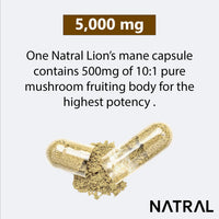 Natral 5000mg Pure Lion's Mane Mushroom High Strength Capsules - 60 Vegan Capsules, No Filler, 100% Fruiting Body Extract with 30% Polysaccharides – Supplement for Mental Clarity and Focus