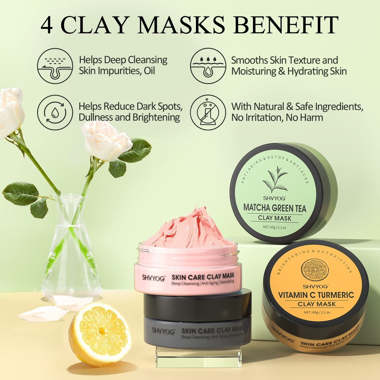 Clay Face Mask Kit, Vitamin C Clay Mask with Turmeric, Dead Sea Mud Mask, Green Tea Mask, Rose Clay Mask, Skin Care Facial Mask for Deep Cleansing, Controlling Oil and Refining Pores (240g in Total)