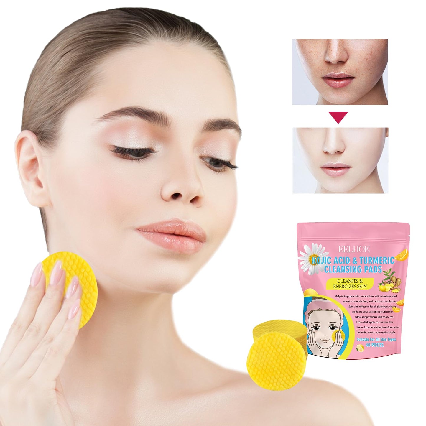 Nadiaen Kojic Acid and Turmeric Pads,80 Pieces Turmeric Kojic Acid Pads,Exfoliating Face Suitable for Improving Skin Texture,Reducing Shine and Clogged Pores