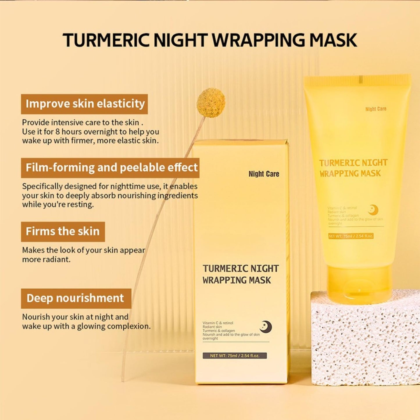 Turmeric & Collagen Overnight Peel-Off Mask – Collagen Night Wrapping Mask for Glowing Skin - Hydrating Formula with Vitamin C & Retinol – Even Skin Tone, Anti-Wrinkle & Pore Refining