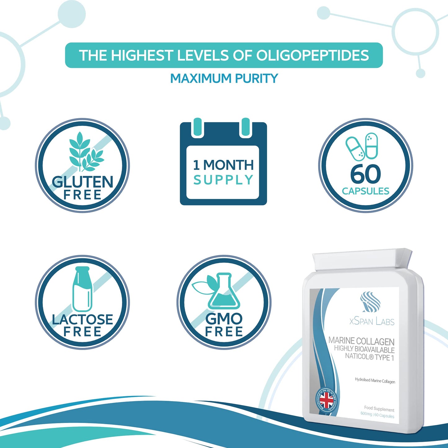 Marine Collagen 600mg 60 Capsules - Highly Bioavailable Naticol® Type 1 Produced by enzymatic hydrolysis ensuring The Highest Levels of oligopeptides with Maximum Purity
