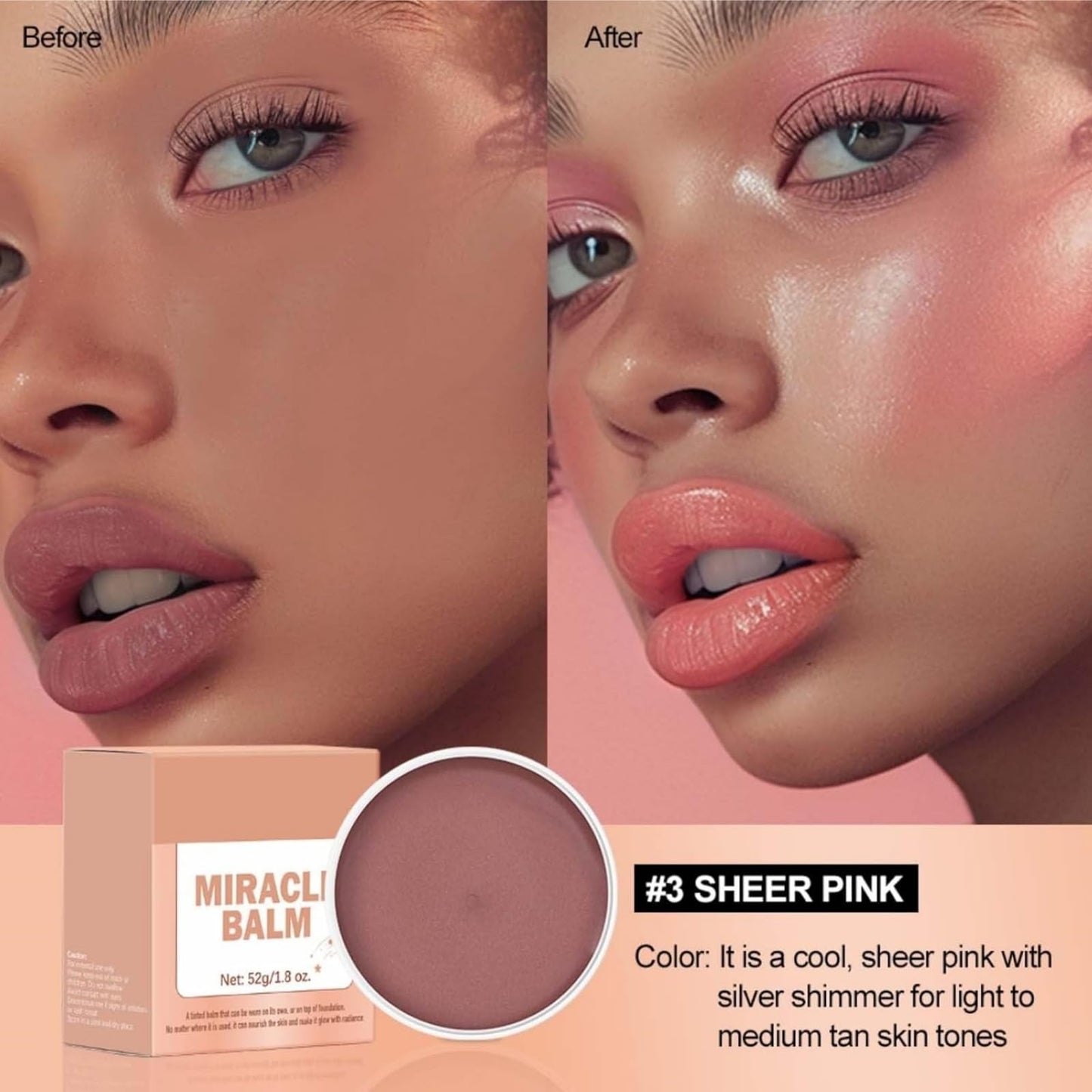 SingHao Miracle Balm Glow Skin Tinted Creamy,Multi Glow Balm,Blush for Cheeks,Blendable Colour Multi-purpose Hydrating Tint for Lips,Face,Cream Blush,Pink Blusher,Cream Contour Pale/tte(#3 Sheet Pink)