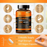Vitamin C 1200mg and Zinc 40mg per Daily Serving - 120 High Strength Vegan Capsules with Ascorbic Acid - 2 Month Supply - Made in The UK by Howard & James