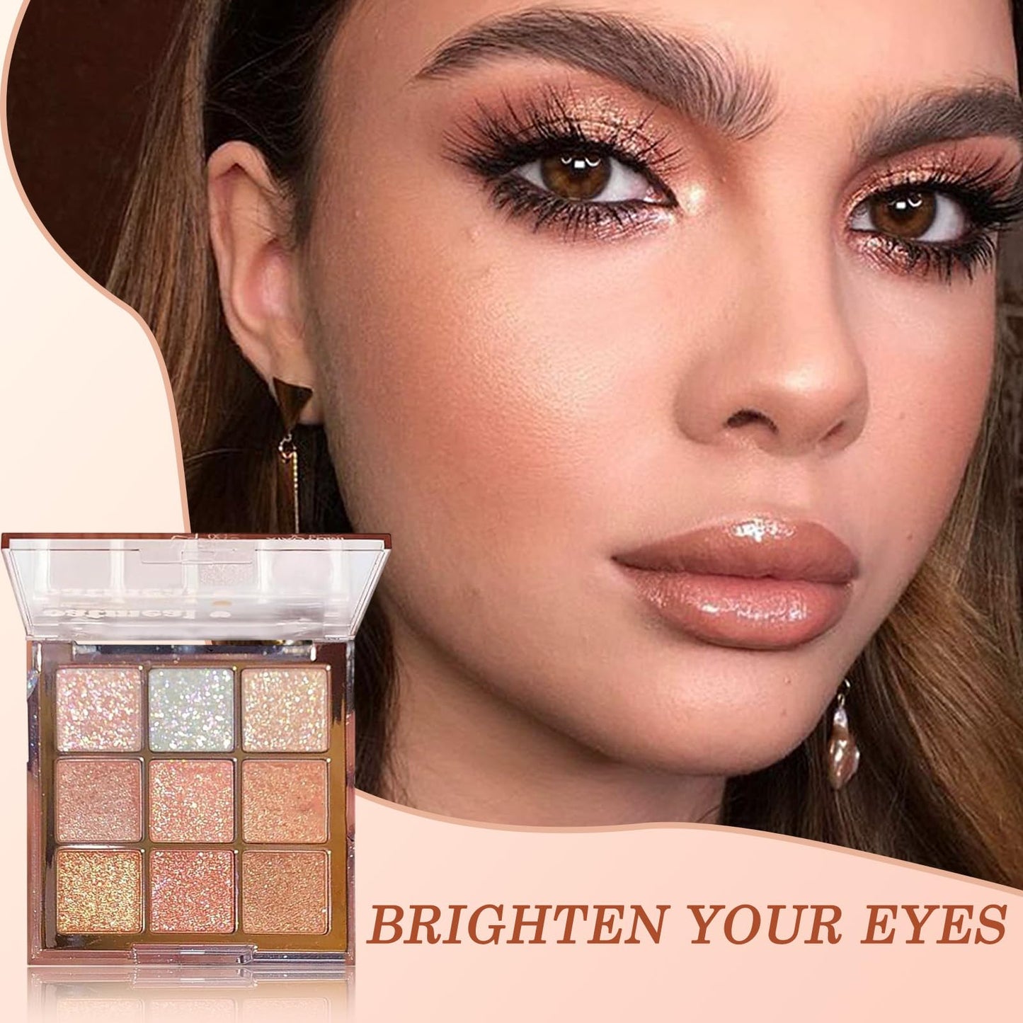 Generic Glitter Eyeshadow Palette – 9-Color Shimmer Eye Makeup in Pink, White & Gold, Highly Pigmented Waterproof Long-Lasting Korean Style Eye Shadow with Brushes