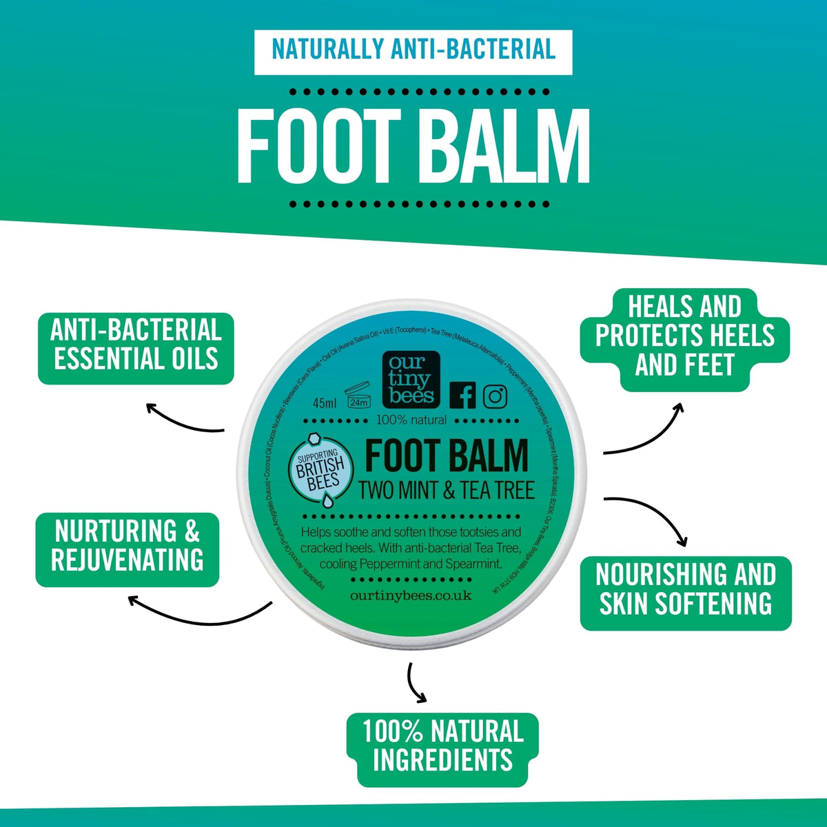 Natural Foot Balm for Cracked Heels and Dry Feet. Tea Tree and Mint. 45ml | Natural, Antibacterial and Moisturising Foot Care. Hydrating Foot and Heel Balm Treatment. By Our Tiny Bees.