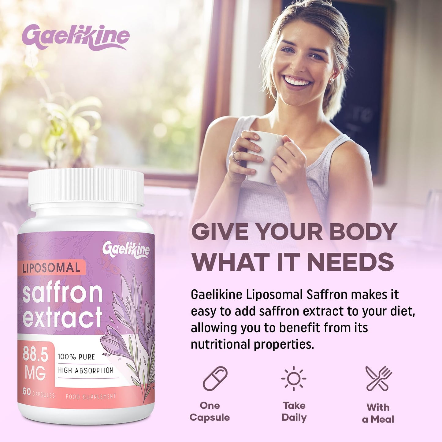 Gaelikine Liposomal Saffron Supplements 88.5 mg, 100% Pure Saffron Extract Capsules, Premium Saffron for Mood, Focus, Vision & Energy, 60 Capsules, 2-Month Supply