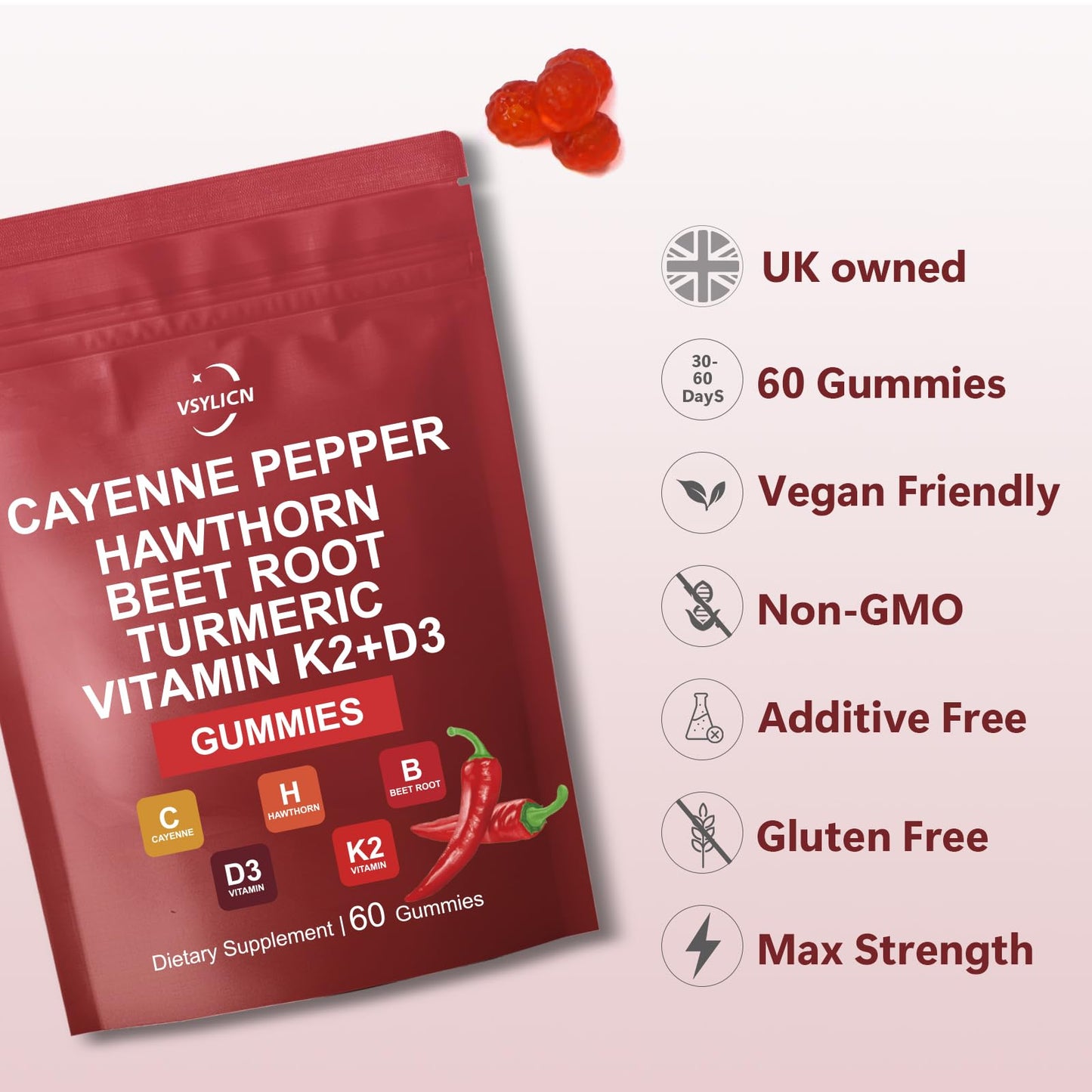 ANIANHAO Cayenne Pepper Supplement, Cayenne Pepper Gummies, Turmeric Gummies Gleame Pepper Ginger, Natural Vegan Turmeric Gummy Extract Drop for Adults (60 Gummies)