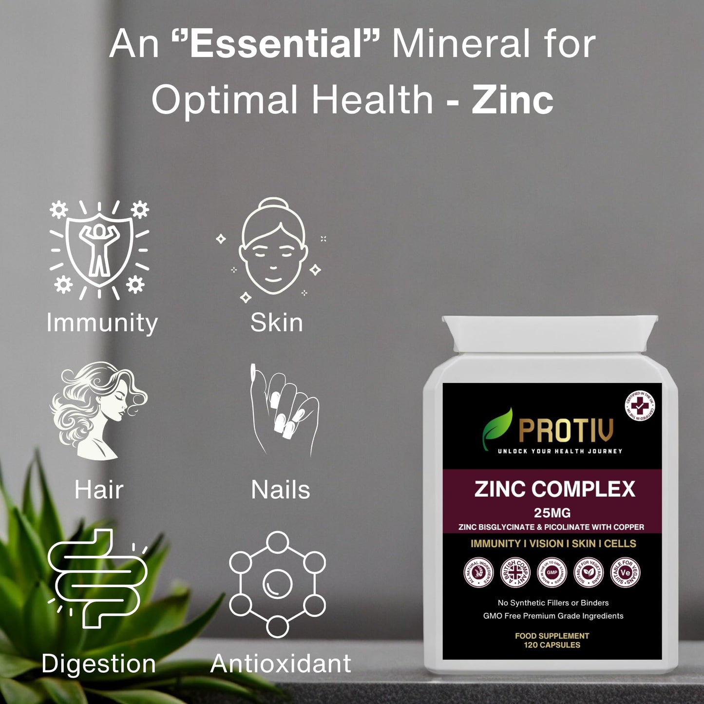 Protiv Zinc 15mg 120 Capsules - Essential Mineral Supplement for Immune System Support and Skin, Hair & Nail Care