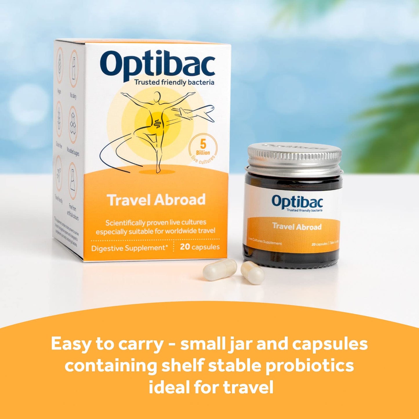 Optibac Travel Abroad Probiotics -Vegan Digestive Probiotic Supplement Formulated for Travel Support & Gut Health, 5 Billion Live Cultures - 20 Capsules